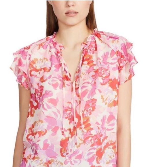 Steve Madden Womens Pink Orange White Floral Flutter Sleeve Blouse Shirt Medium - Picture 8 of 8